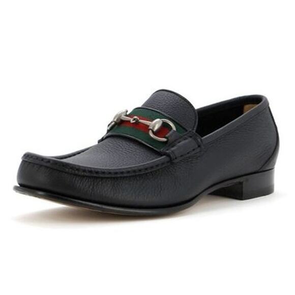 Gucci Horsebit Web Trim Slip On Block Heel Leather Loafer Shoes Black Men's 10.5 - Picture 1 of 7